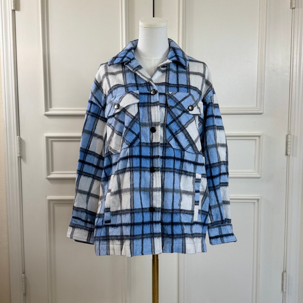 Zara Plaid Wool Blend Shacket Women's M Blue White Check Jacket Coat